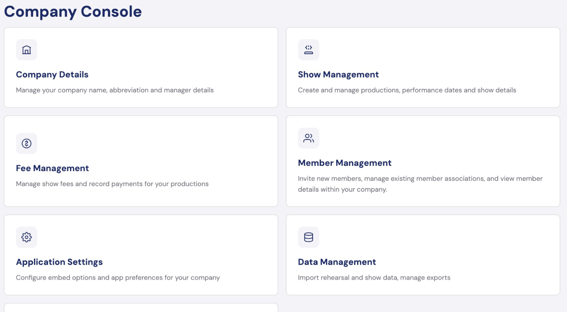 Company Console with cards for company details, show management, fees, members, settings, and data